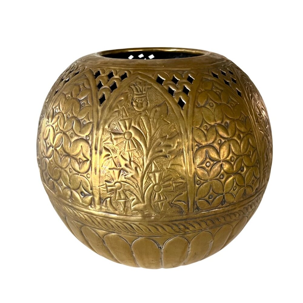 Vintage Large Brass Round Sphere Planter Floral Thistle Geometric Designs 11"
